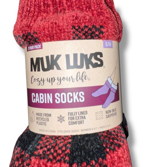 Muk Luks Sz S/M Slipper Socks Faux Fur Lined Warm Cabin 2 Pk Buffalo Check Gift - Picture 6 of 14